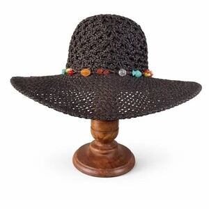 Kallina Sun Hat Black Woven Paper Straw Beaded Wide Brim Women Resort Beachwear